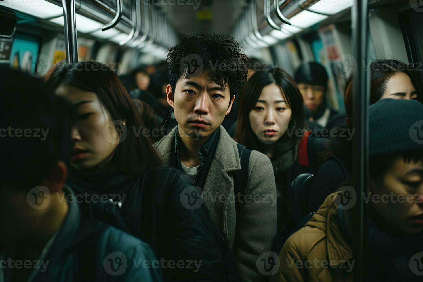 ásia cansado triste homem dentro uma transbordante metrô trem entre uma multidão do pessoas foto