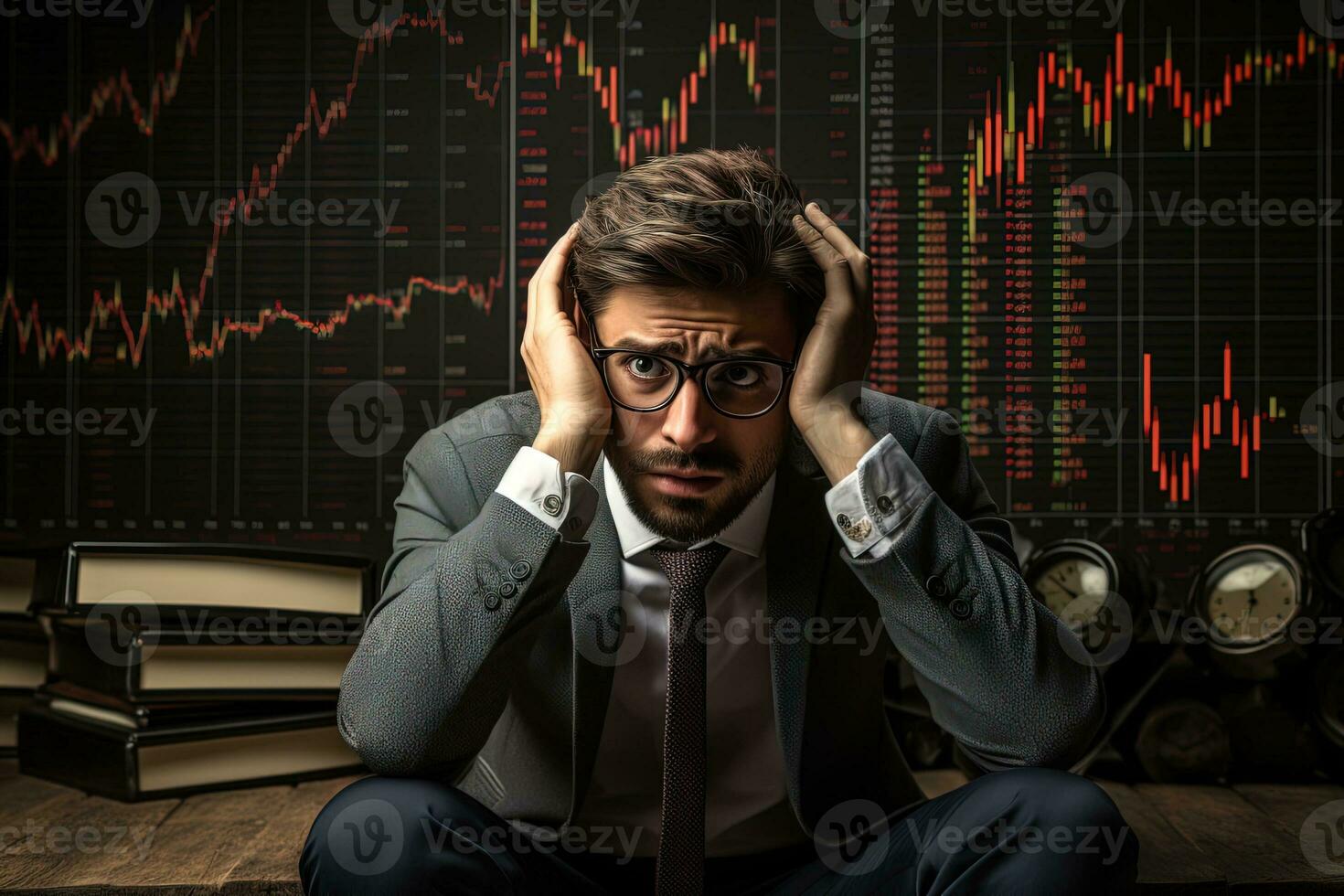 econômico crise. ações estão caindo, triste preocupado homem de negocios dentro óculos segurando dele cabeça em uma queda ações gráficos foto