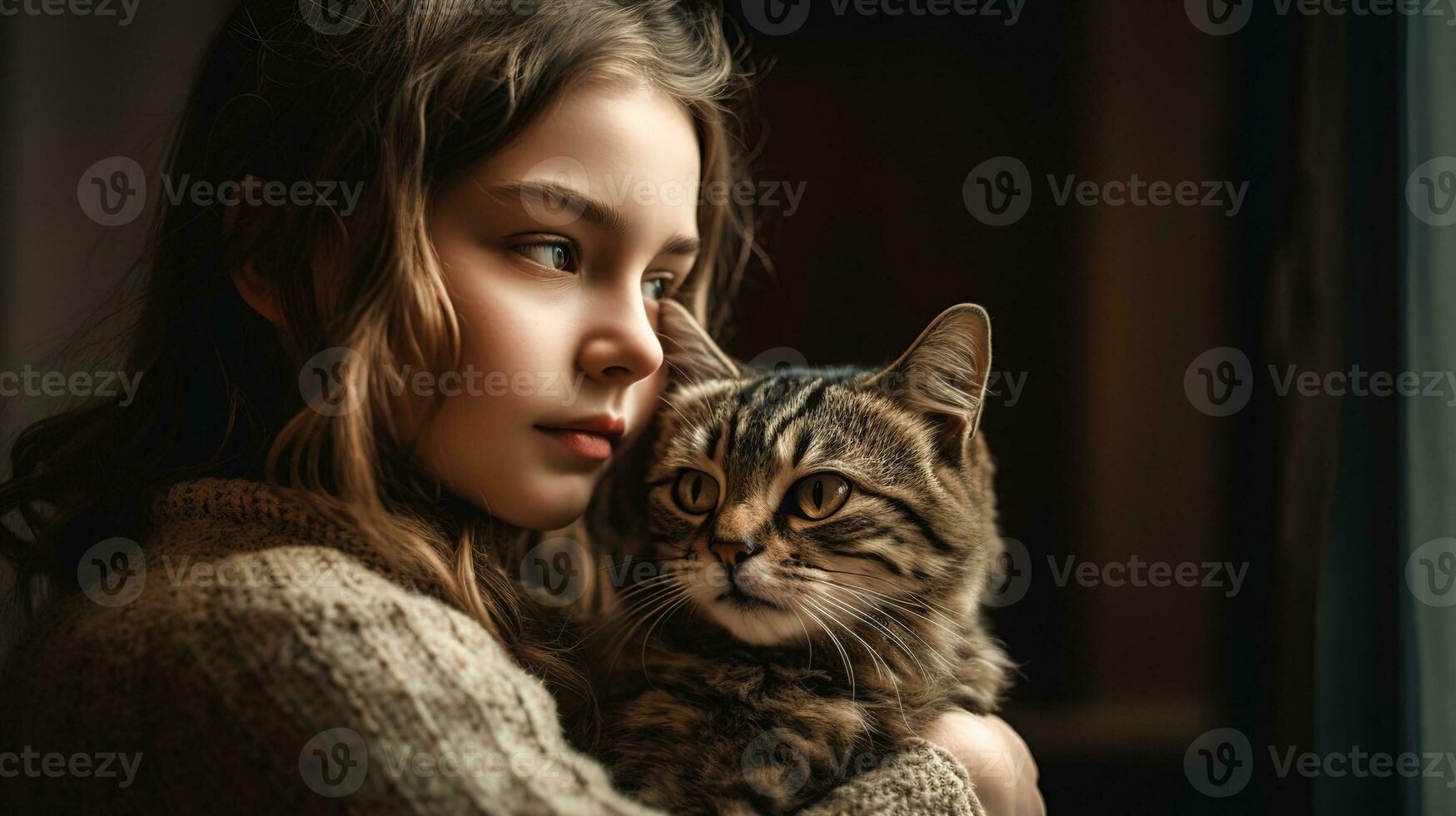 jovem fofa encaracolado menina dentro uma tricotado suéter abraços uma fofa malhado gato foto