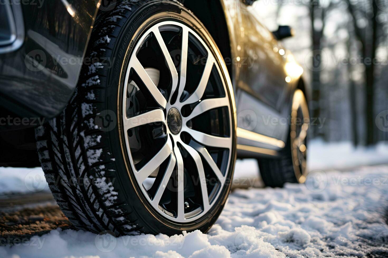 lado Visão do a Preto carro com uma inverno pneus em uma Nevado estrada foto