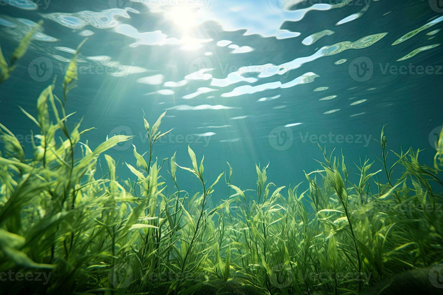 a embaixo da agua espécies do algas crescendo profundo abaixo a luz solar aceso água superfície foto