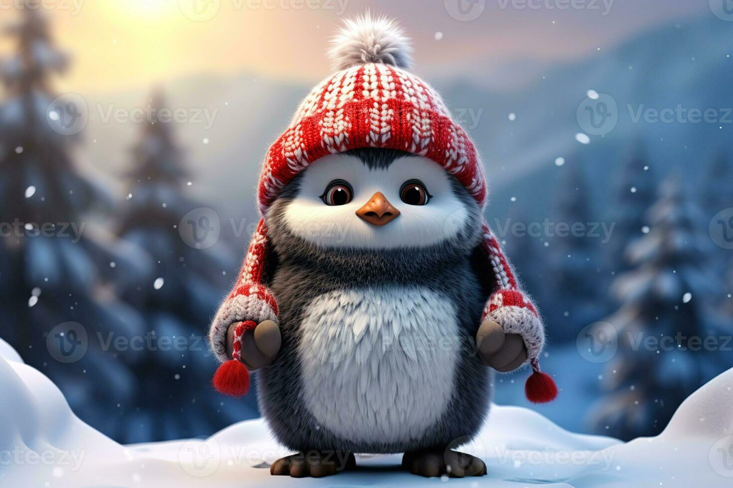 fofa pequeno desenho animado pinguim vestindo uma vermelho chapéu dentro a Nevado floresta foto