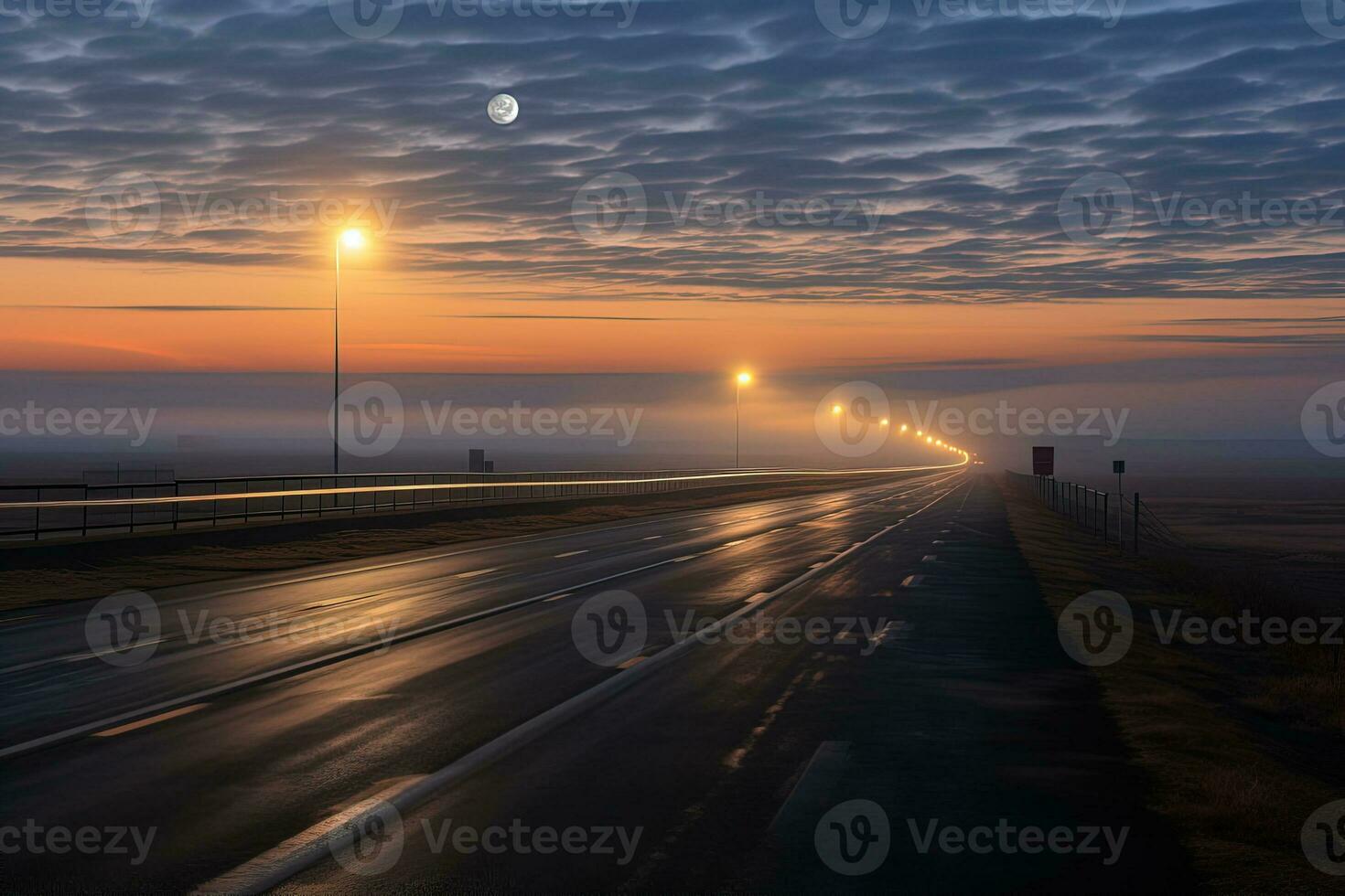 Visão do uma curvado noite rodovia iluminado de laranja luzes dentro Campos debaixo a lua dentro a nuvens foto