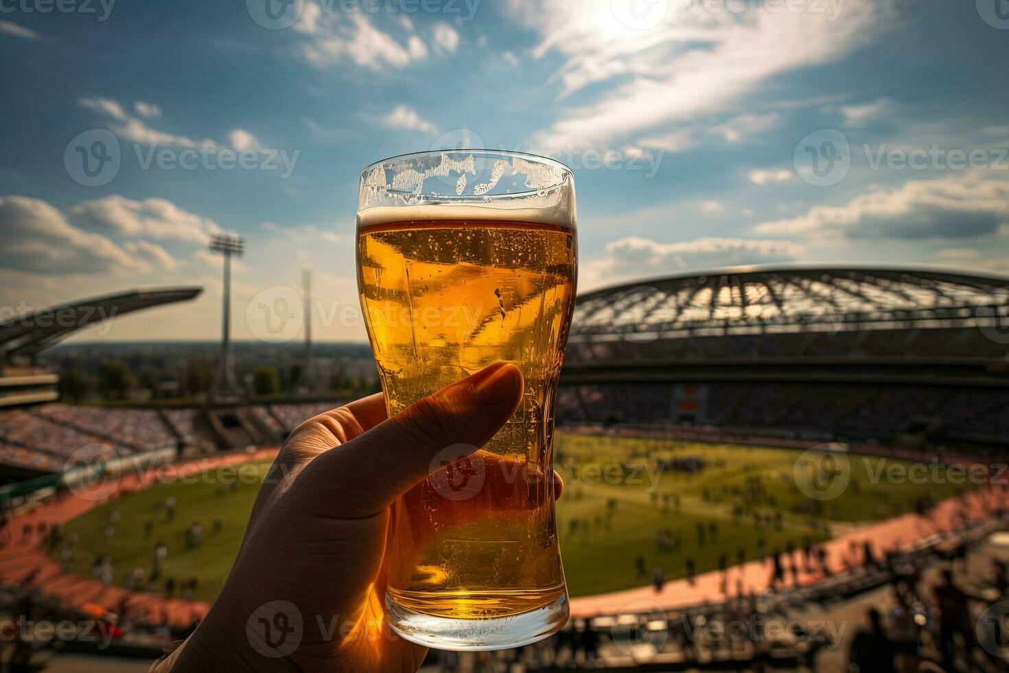 vidro do Cerveja dentro mão às a estádio com a jogando campo dentro a fundo foto