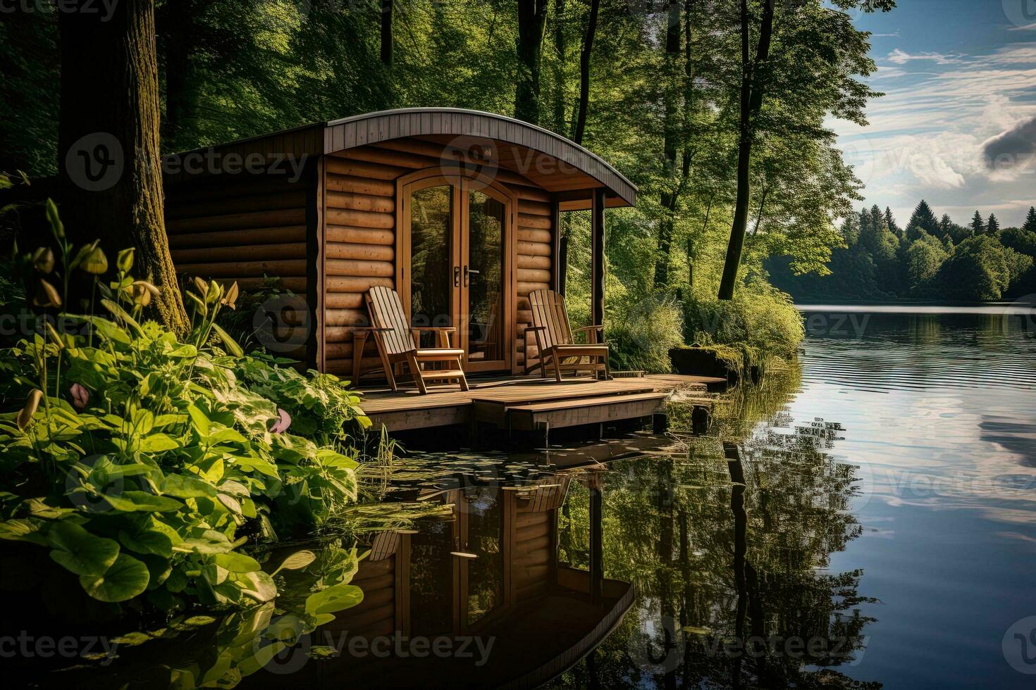 calma e lindo panorama com uma pequeno de madeira cabana com uma cais em uma pinho floresta lago foto