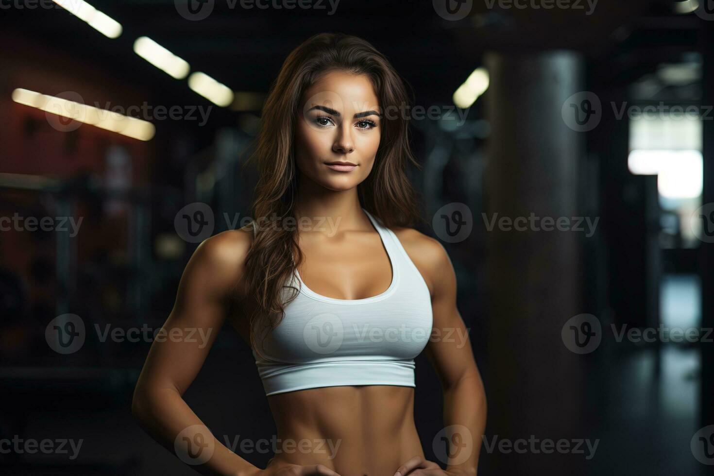 jovem encantador fêmea ginástica treinador com tonificado Atlético corpo dentro a academia, generativo ai foto