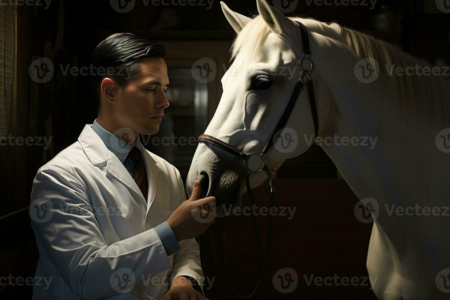 jovem profissional veterinário dentro uma branco casaco segurando uma cavalo de a mais baixo parte do Está focinho foto