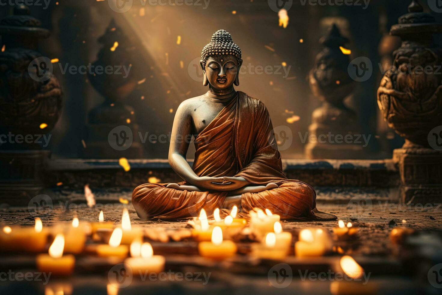Buda estatueta dentro a têmpora entre queimando velas foto