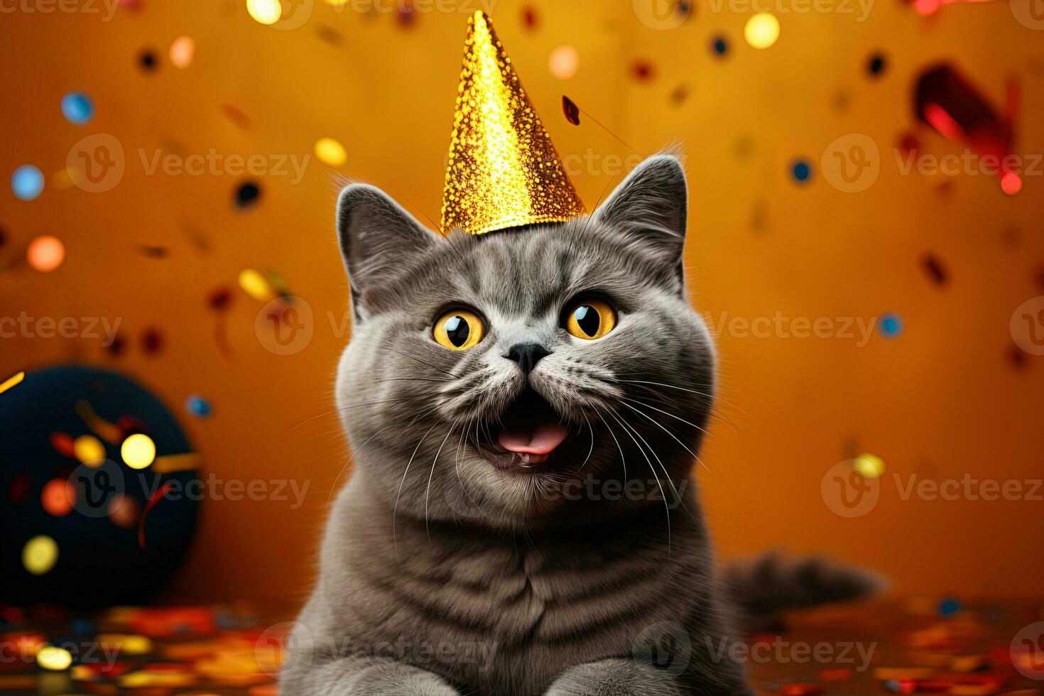 adorável cinzento gato vestindo uma dourado aniversário chapéu cercado de confete foto