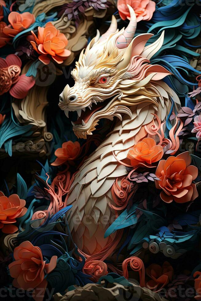 japonês Dragão, dentro a estilo do detalhado multicamadas composições, fechar-se, colorida brilhante fundo. ai generativo arte foto