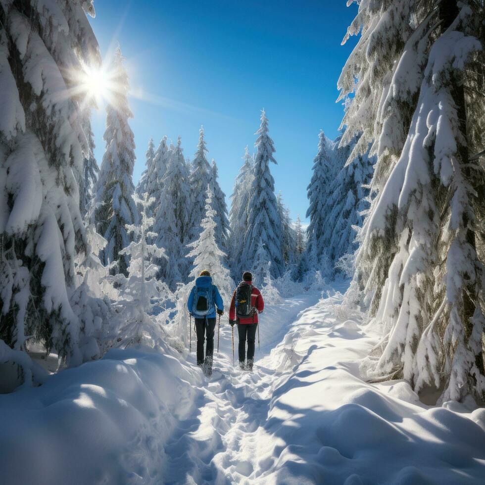 caminhada na neve. pacífico anda em através coberto de neve paisagens foto