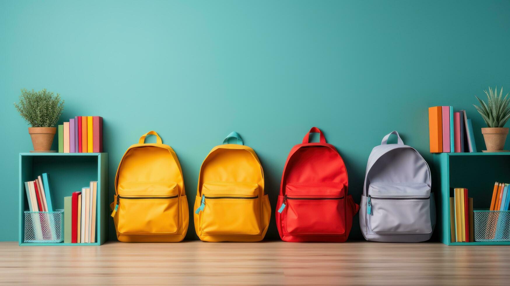 costas para escola. mochilas e livros didáticos foto