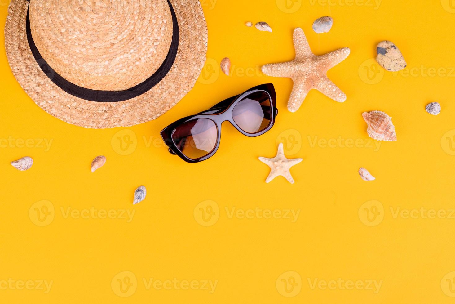 óculos e chapéu com conchas e estrelas do mar em um fundo colorido foto