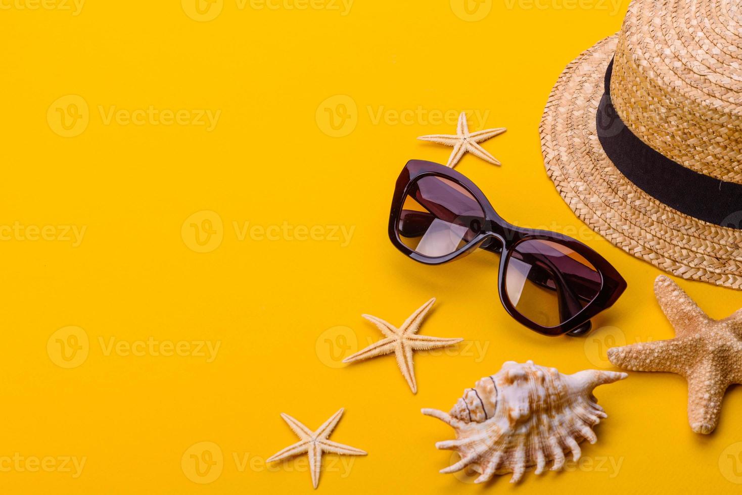 óculos e chapéu com conchas e estrelas do mar em um fundo colorido foto