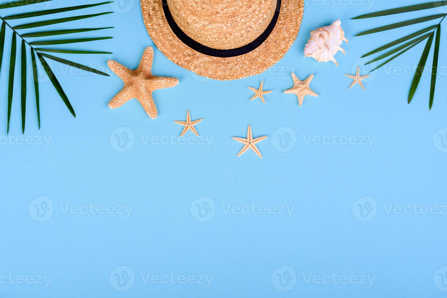 óculos e chapéu com conchas e estrelas do mar em um fundo colorido foto