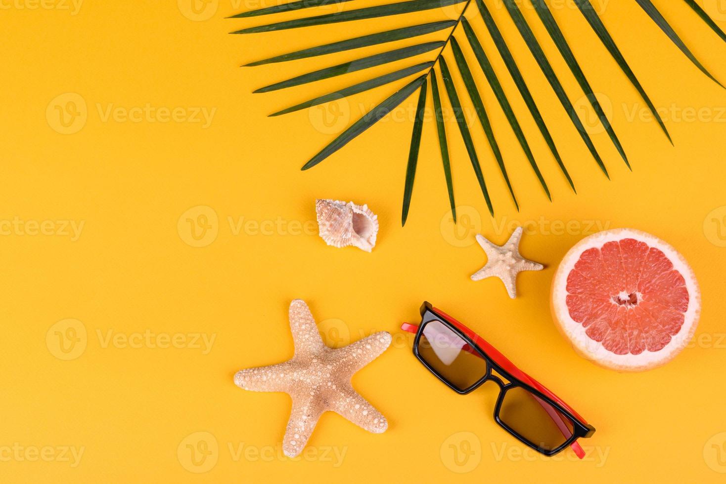 acessórios de praia com conchas e estrelas do mar em um fundo colorido foto