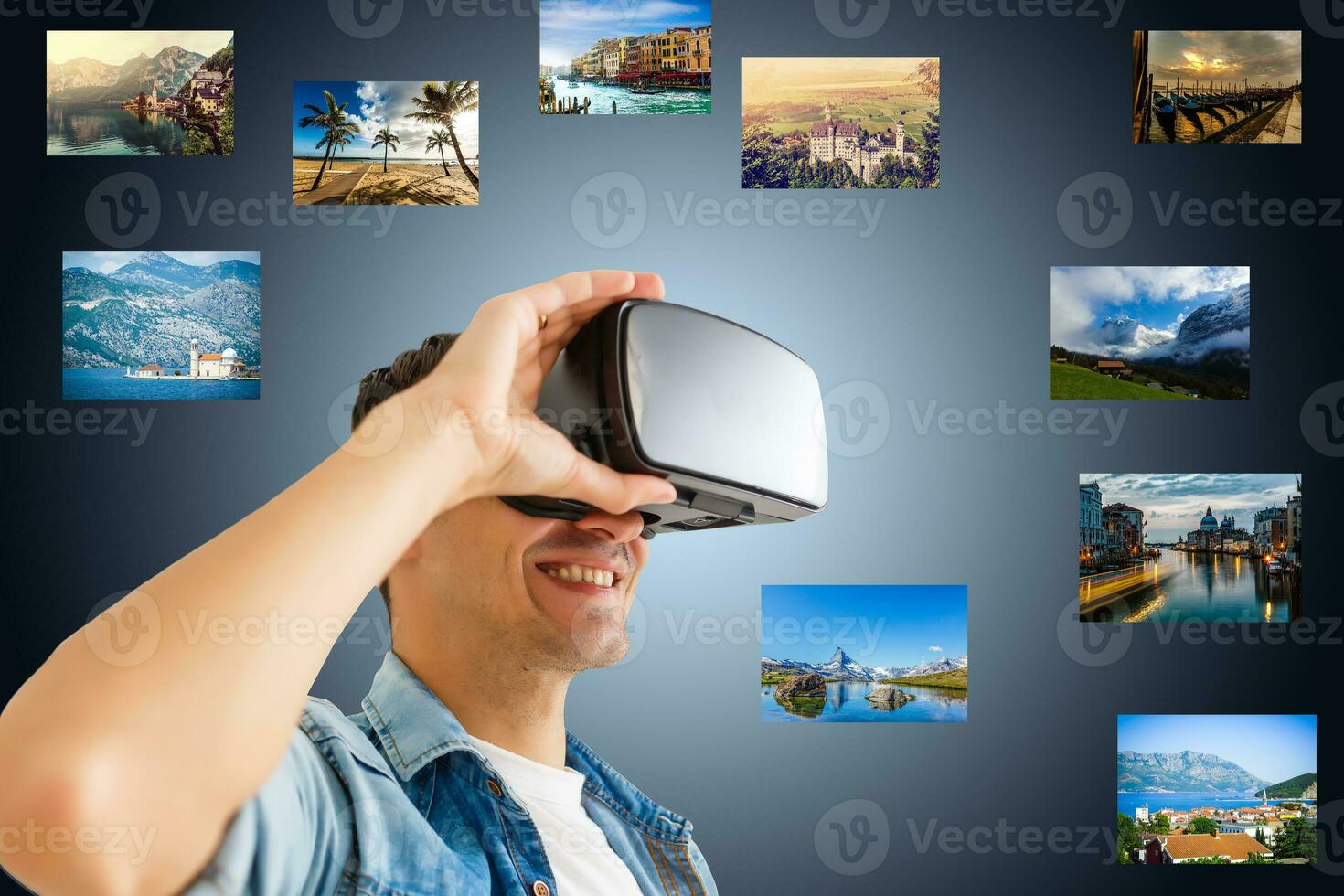 homem viaja vestindo futurista virtual realidade óculos foto