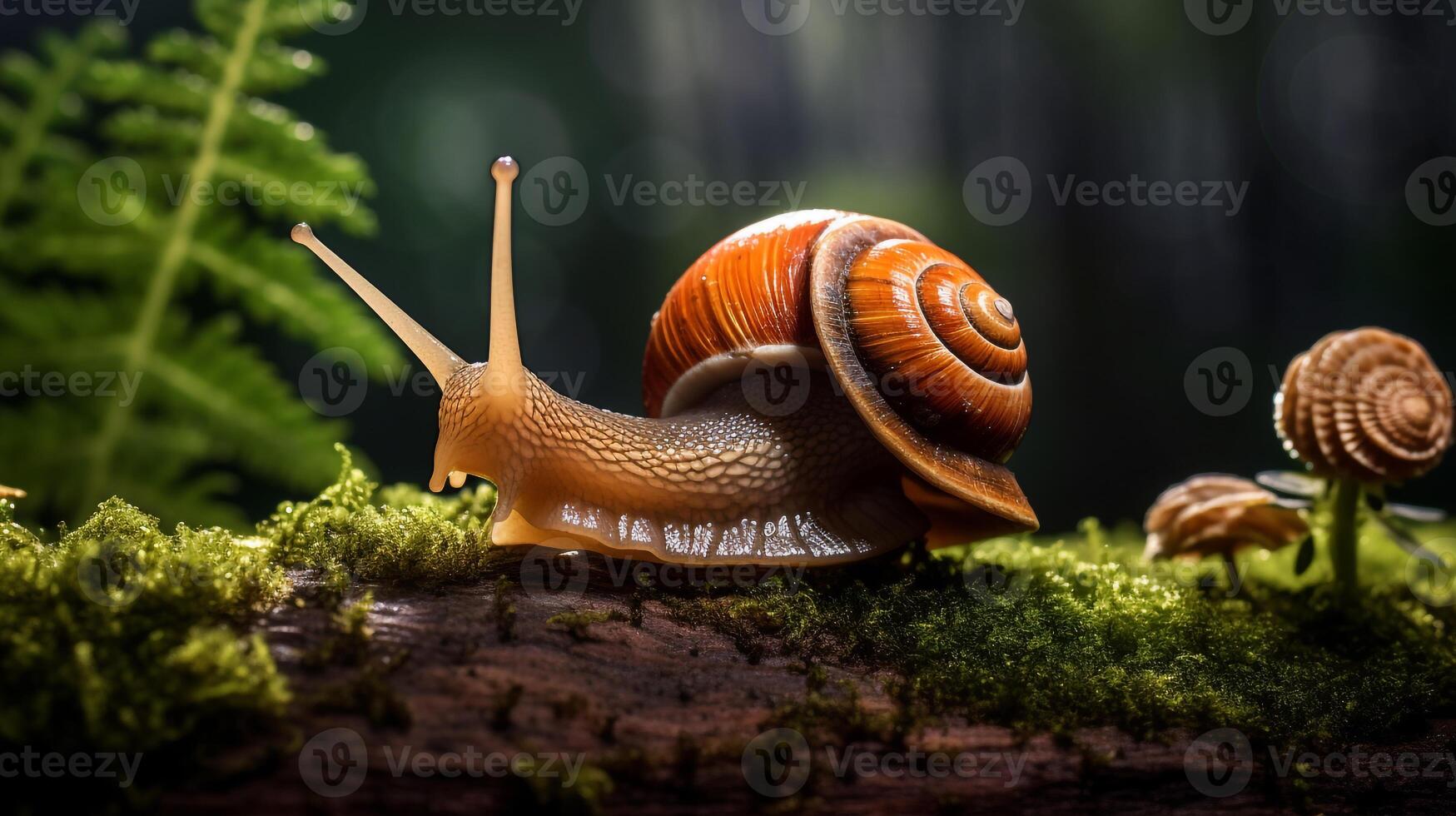 macro foto do Caracol em musgoso madeira dentro chuvoso floresta ai generativo