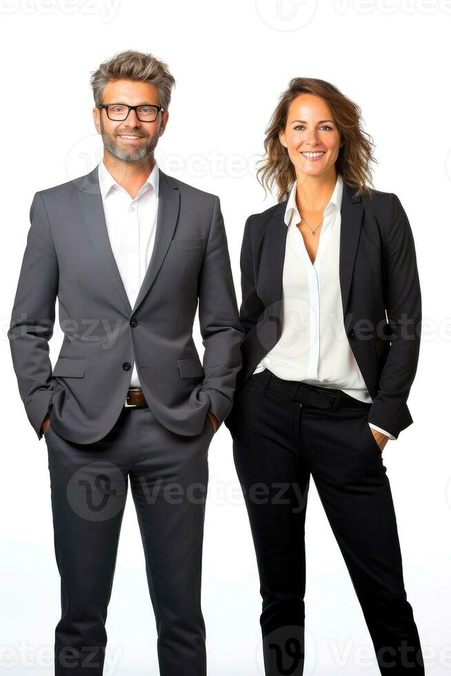 bem sucedido jovem o negócio parceiros dentro formal roupas posando e olhando às Câmera, generativo ai ilustração foto