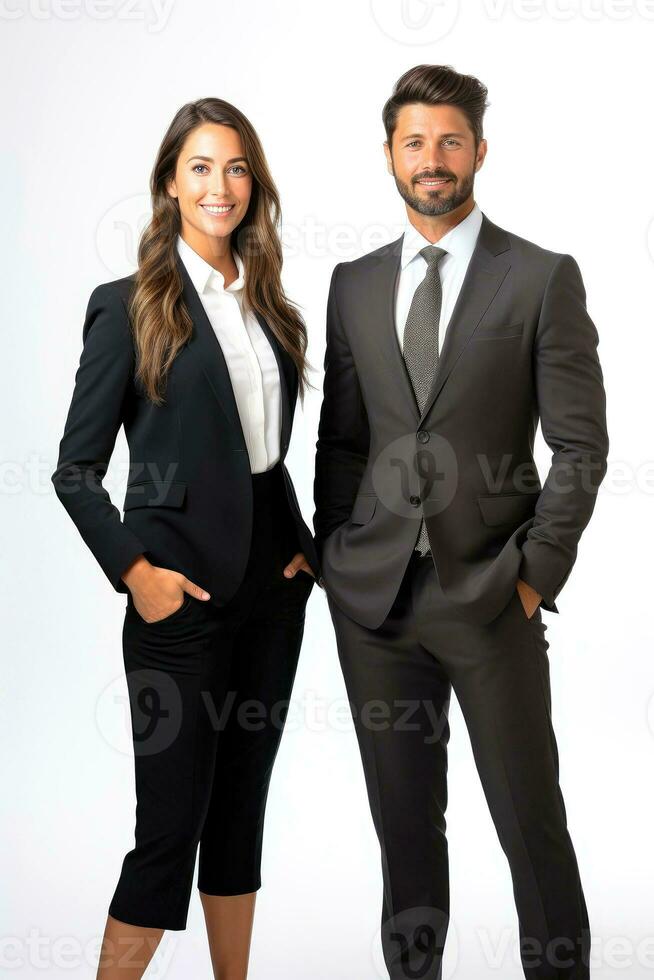 bem sucedido jovem o negócio parceiros dentro formal roupas posando e olhando às Câmera, generativo ai ilustração foto