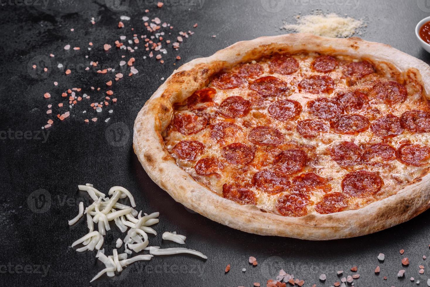 pizza de calabresa com molho de pizza, queijo mussarela e calabresa foto