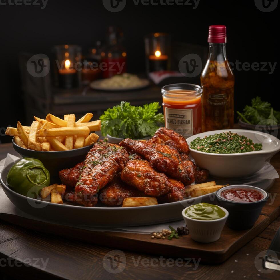 americano velozes Comida. hambúrgueres, francês fritas, quente cães. velozes Comida e pouco saudável comendo conceito ai generativo foto