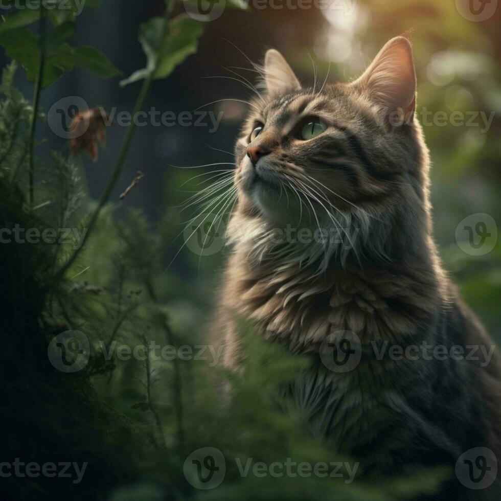 fechar-se tiro do gato olhando às a céu ai generativo foto