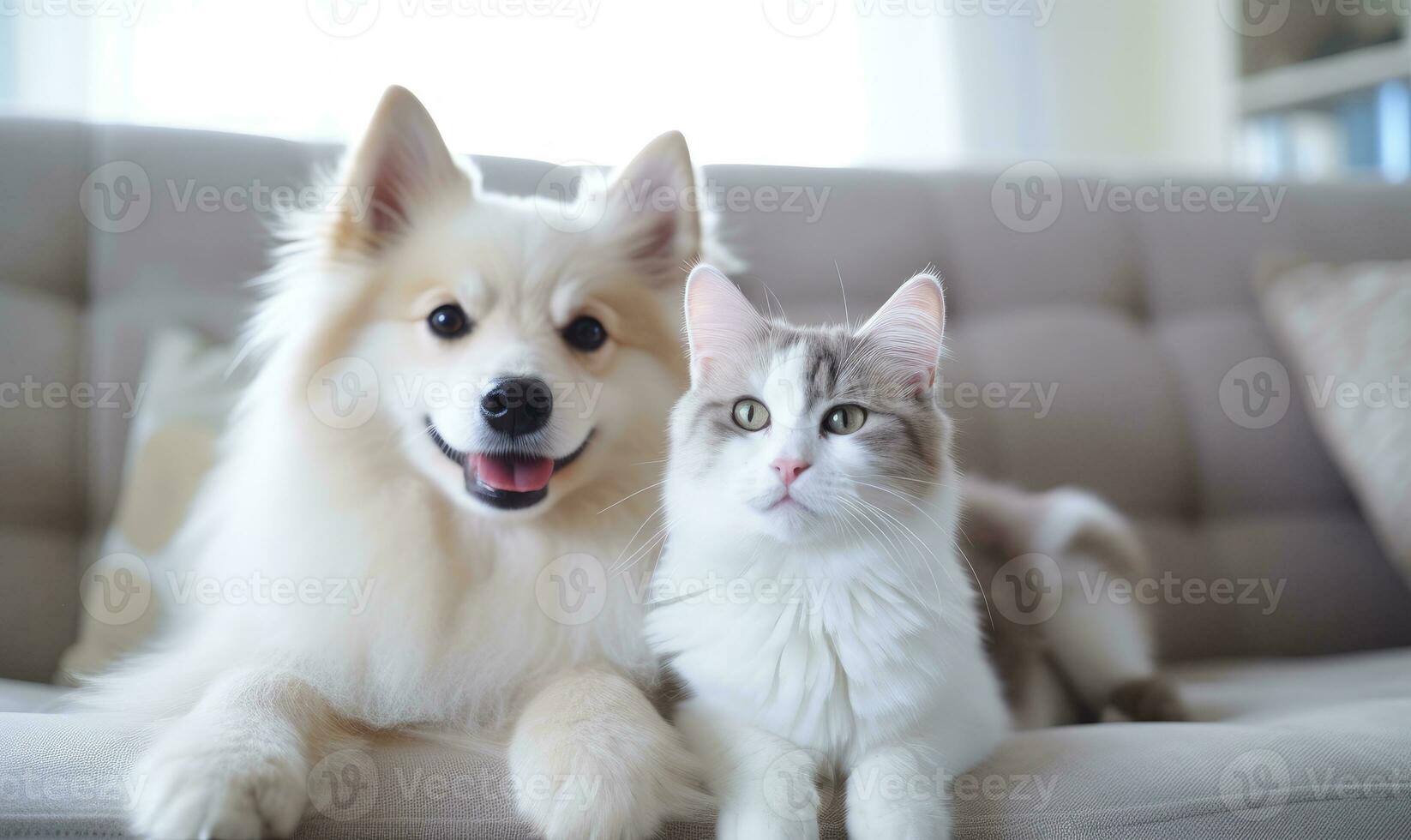 dentro uma sereno vivo sala, dois adorável animais de estimação, uma cachorro e uma gato. ai generativo foto