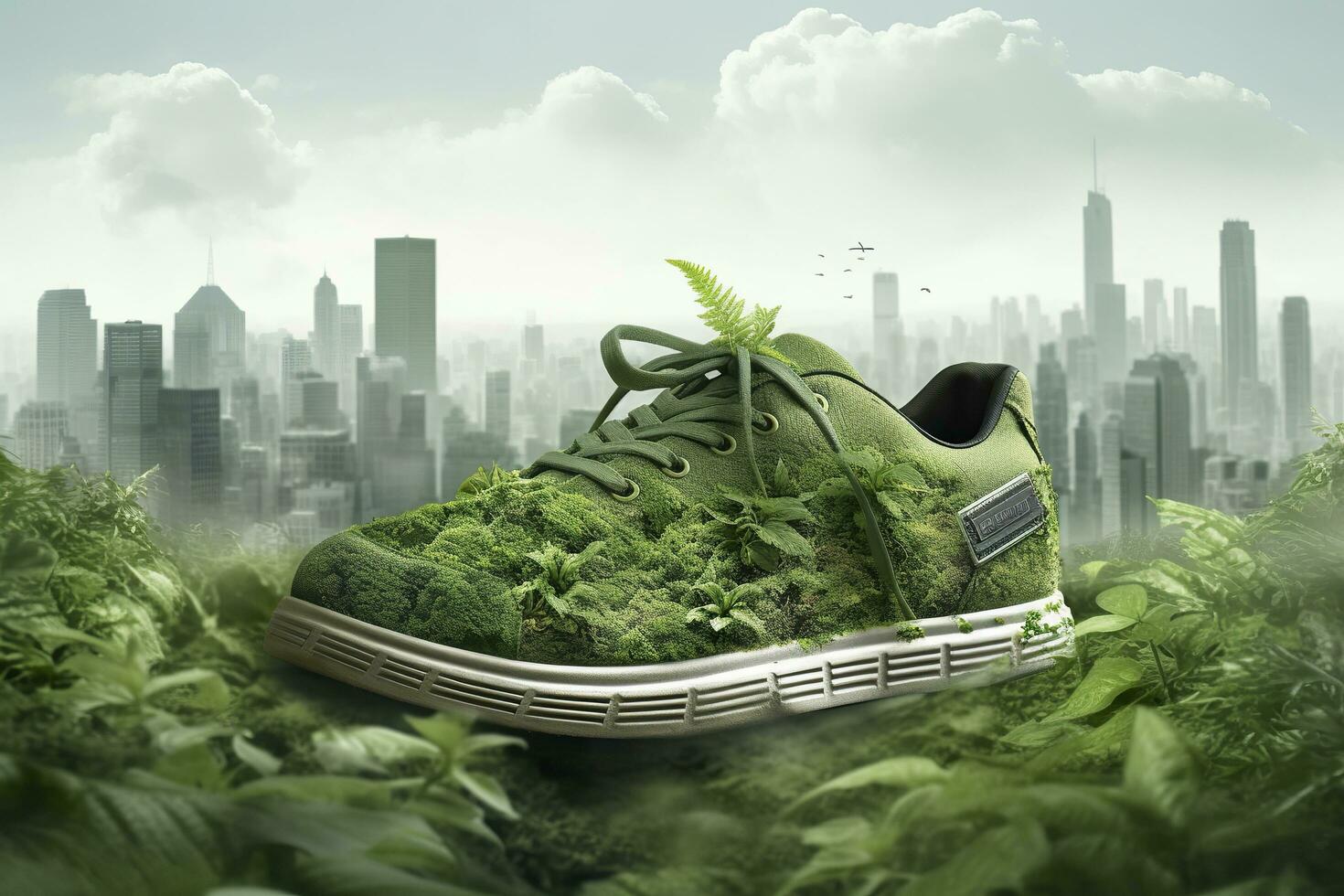uma foto estava ocupado sapato com vegetação e cidade , carbono pegada conceito. ai generativo