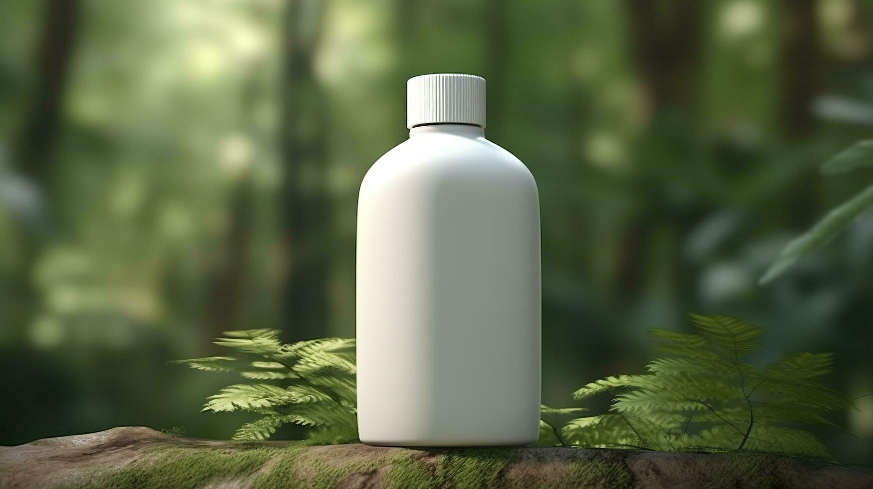 natural Cosmético produtos apresentação nos bastidores. ao ar livre floresta colocação. branco em branco jarra xampu garrafa. 3d. ai generativo foto