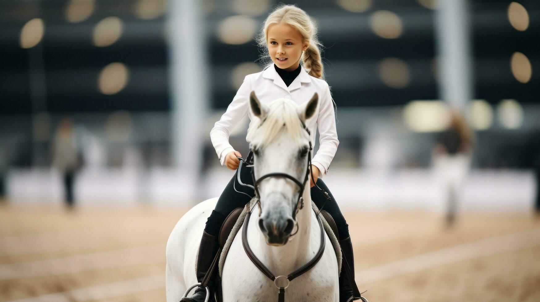 uma menina realizando uma adestramento rotina com dela cavalinho de pau foto