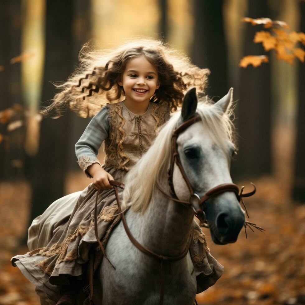 uma menina equitação uma cavalinho de pau através uma floresta foto