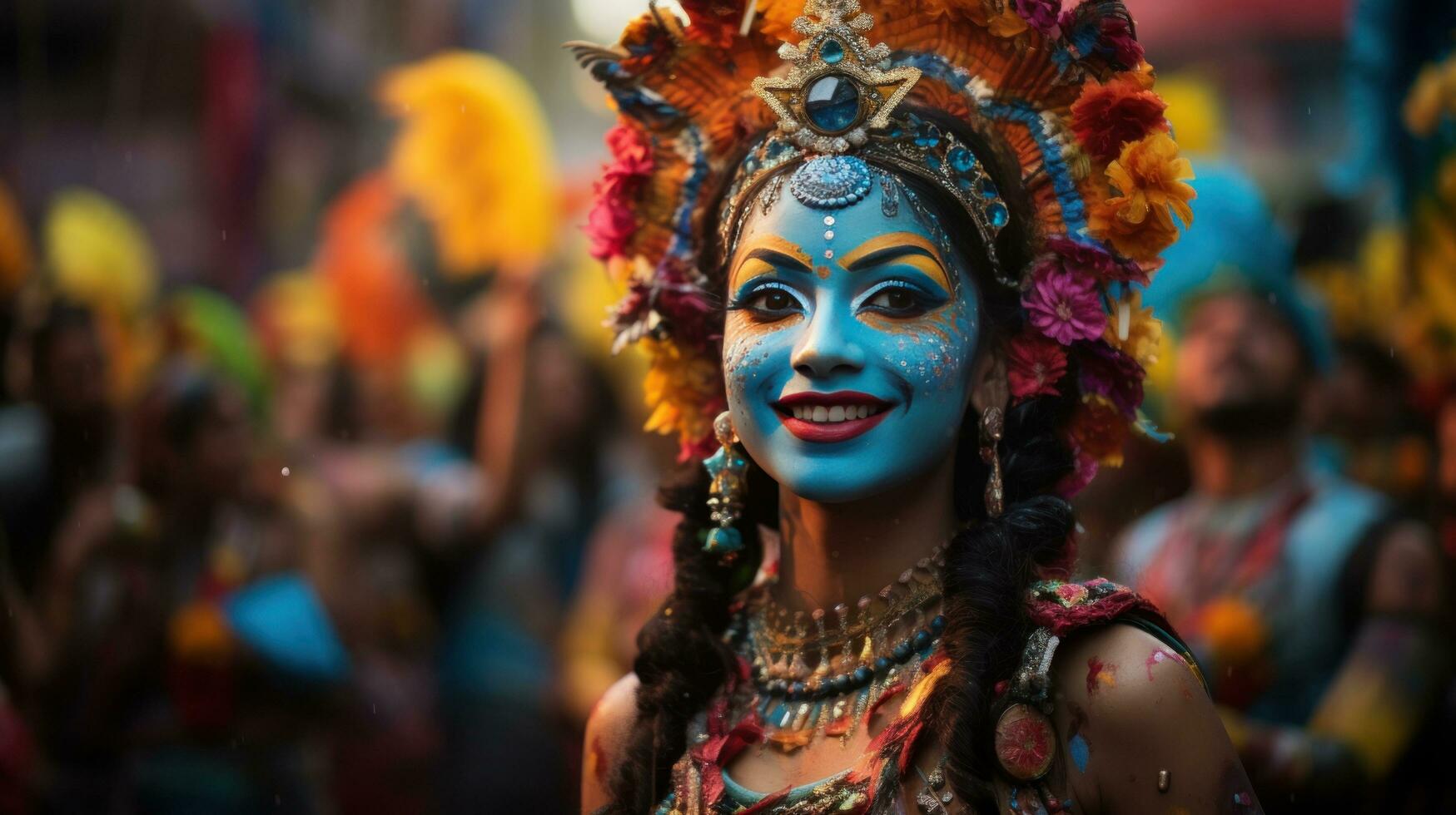 colorida guarda-chuvas e fantasias preencher a ruas às Mumbai carnaval dentro Índia foto