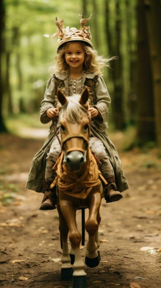 uma menina equitação uma cavalinho de pau através uma floresta foto