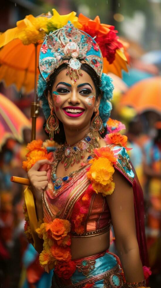 colorida guarda-chuvas e fantasias preencher a ruas às Mumbai carnaval dentro Índia foto