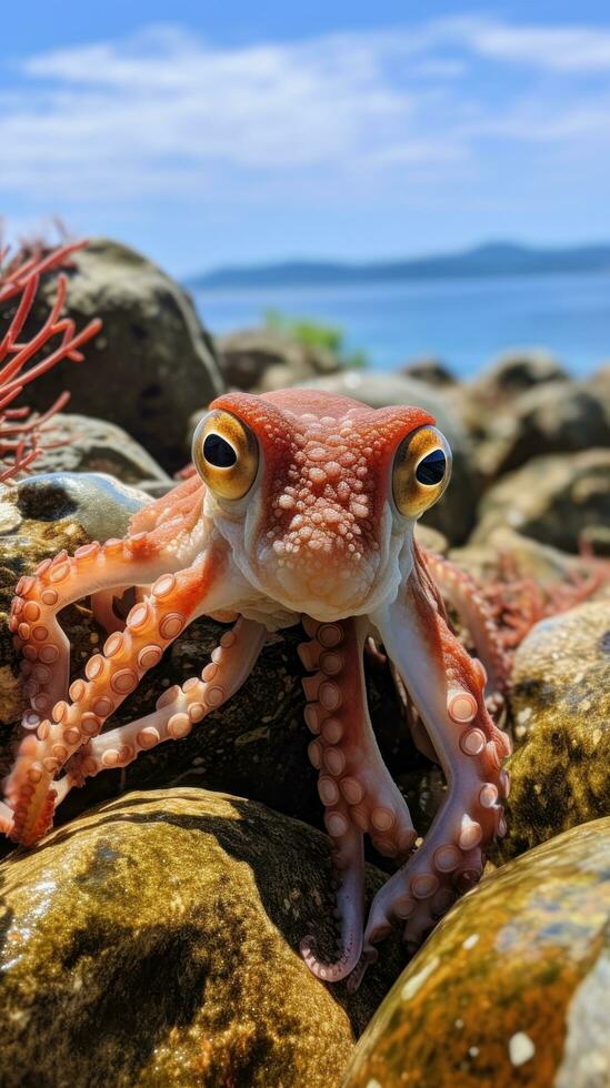 Enganoso polvo camuflado dentro a pedras e algas marinhas foto