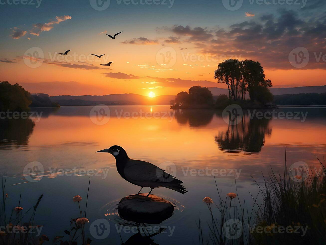 lindo dourado pôr do sol dentro a montanhas panorama lago panorama com azul céu fofo nuvens, ai imagem foto