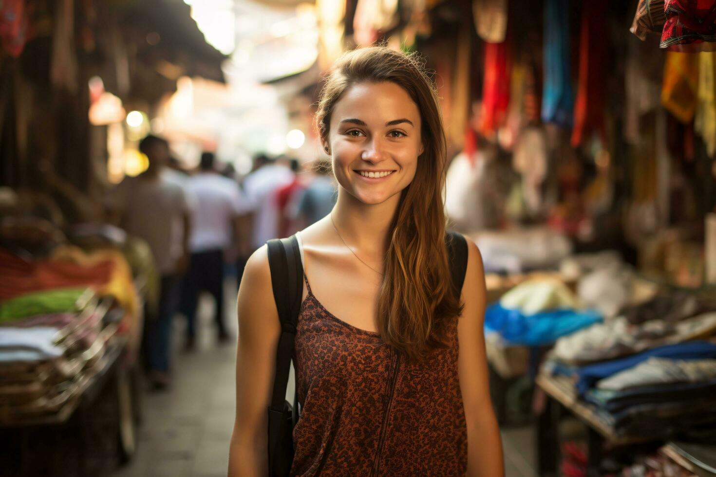 uma lindo fêmea turista explorando uma ocupado mercado, ai gerado foto