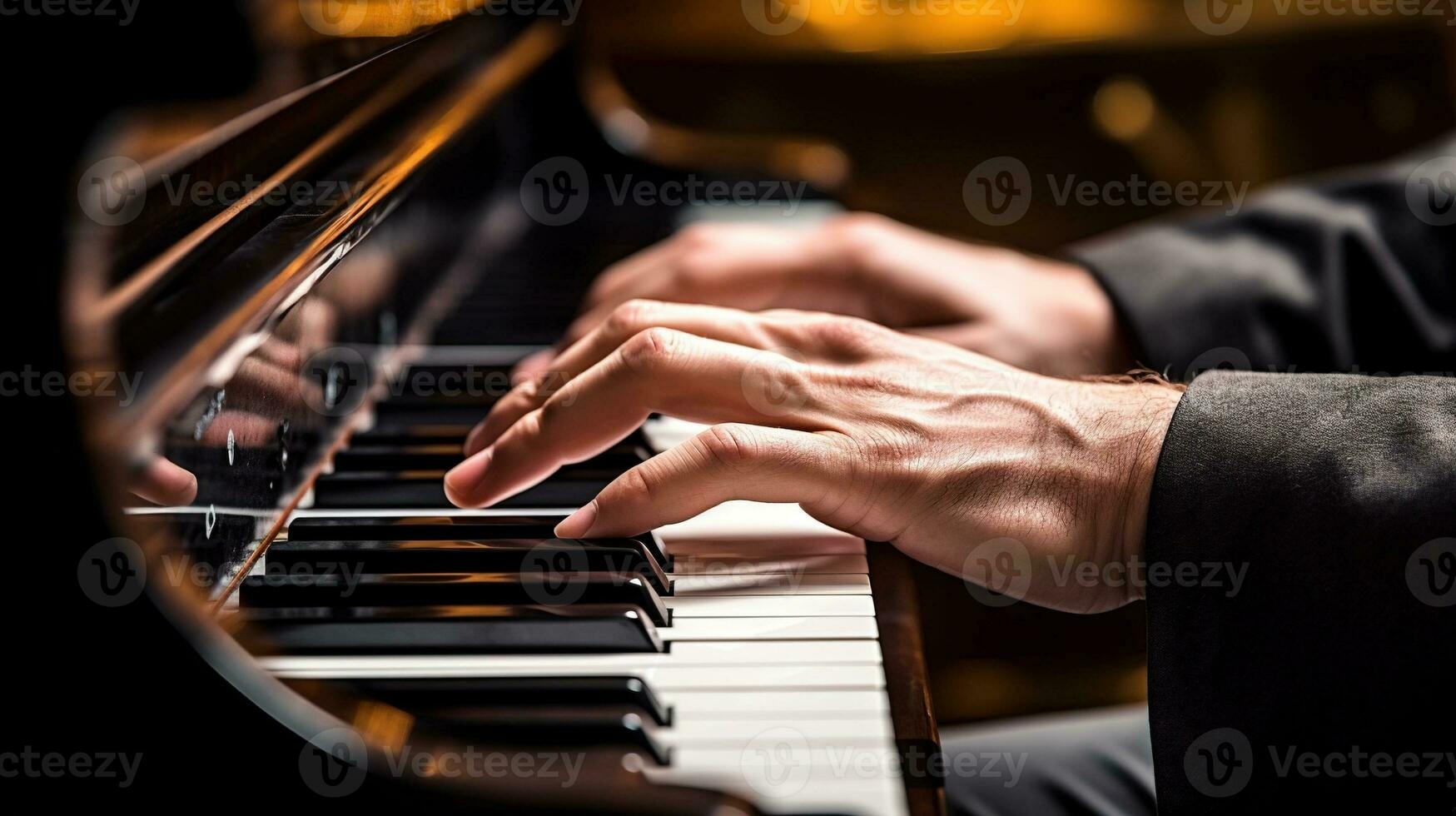 masculino mão jogando a piano. músico jogando piano dentro a Sombrio quarto generativo ai, ai gerado foto