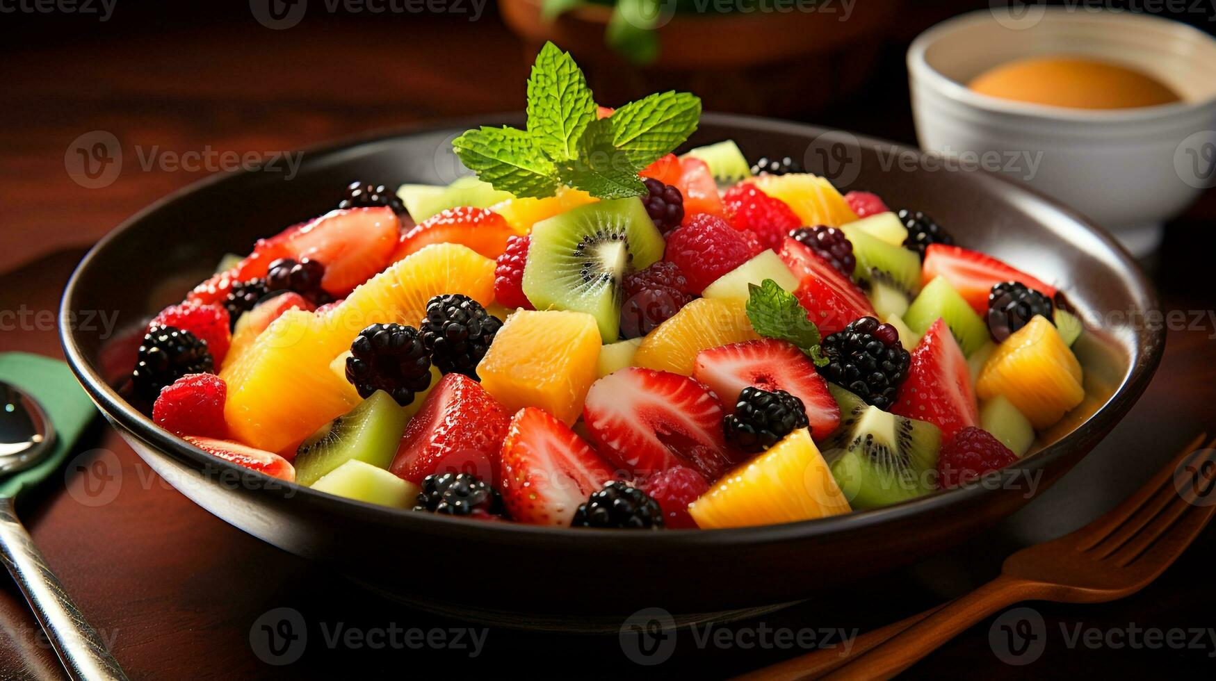 foto do tropical fruta salada com mel-limão vestir Como uma prato dentro uma sofisticado restaurante. generativo ai