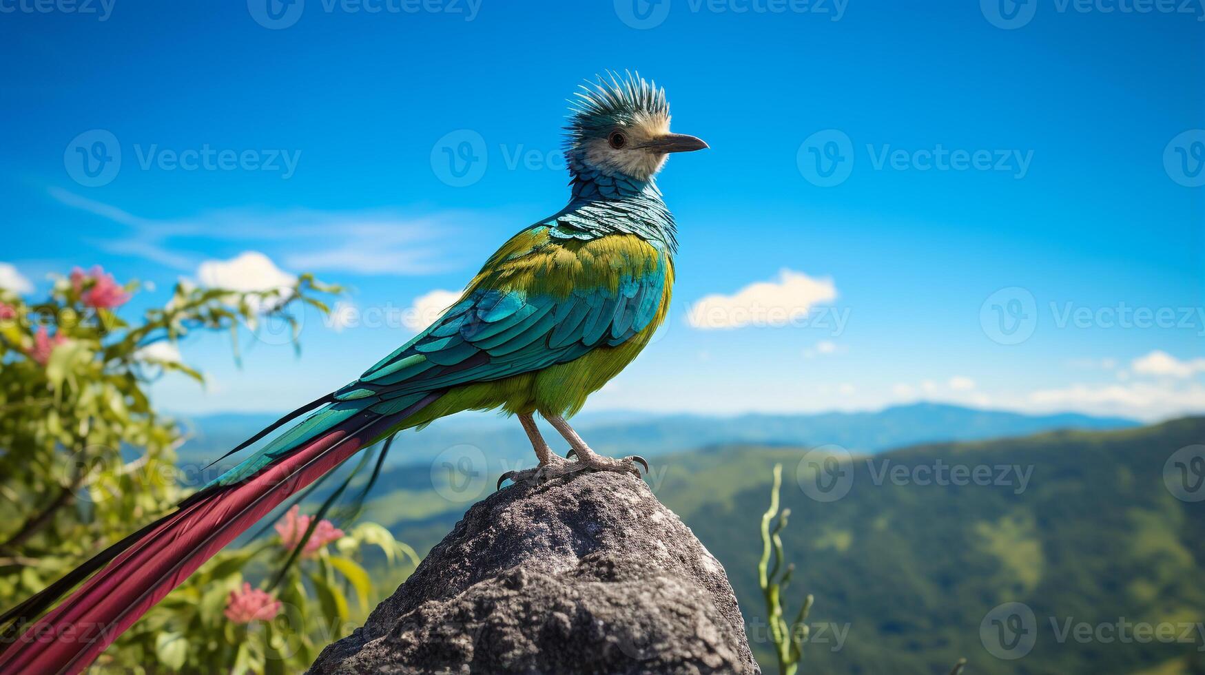 foto do quetzal dentro ther floresta com azul céu. generativo ai