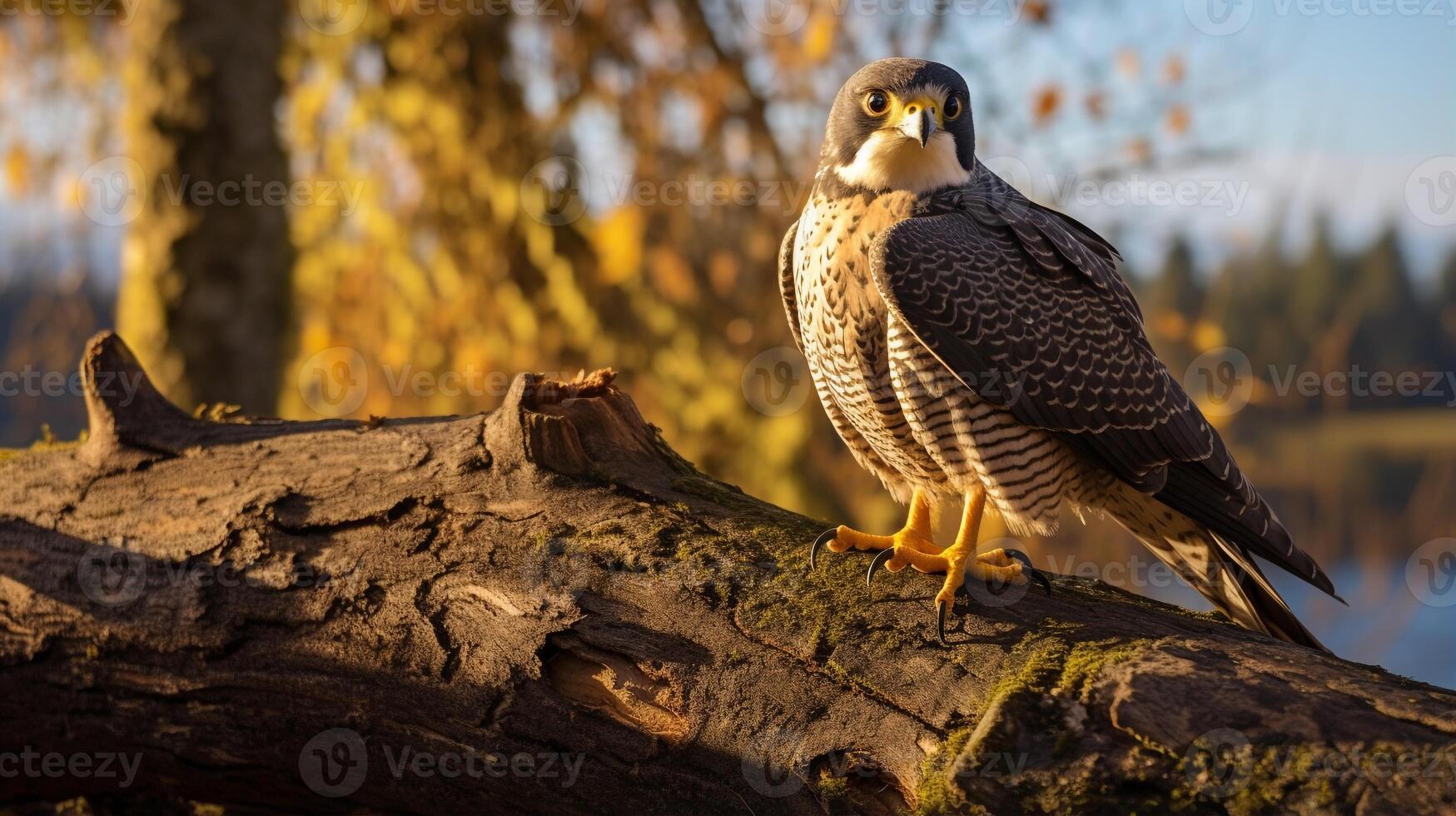 foto do uma peregrino falcão em pé em uma caído árvore ramo às manhã. generativo ai