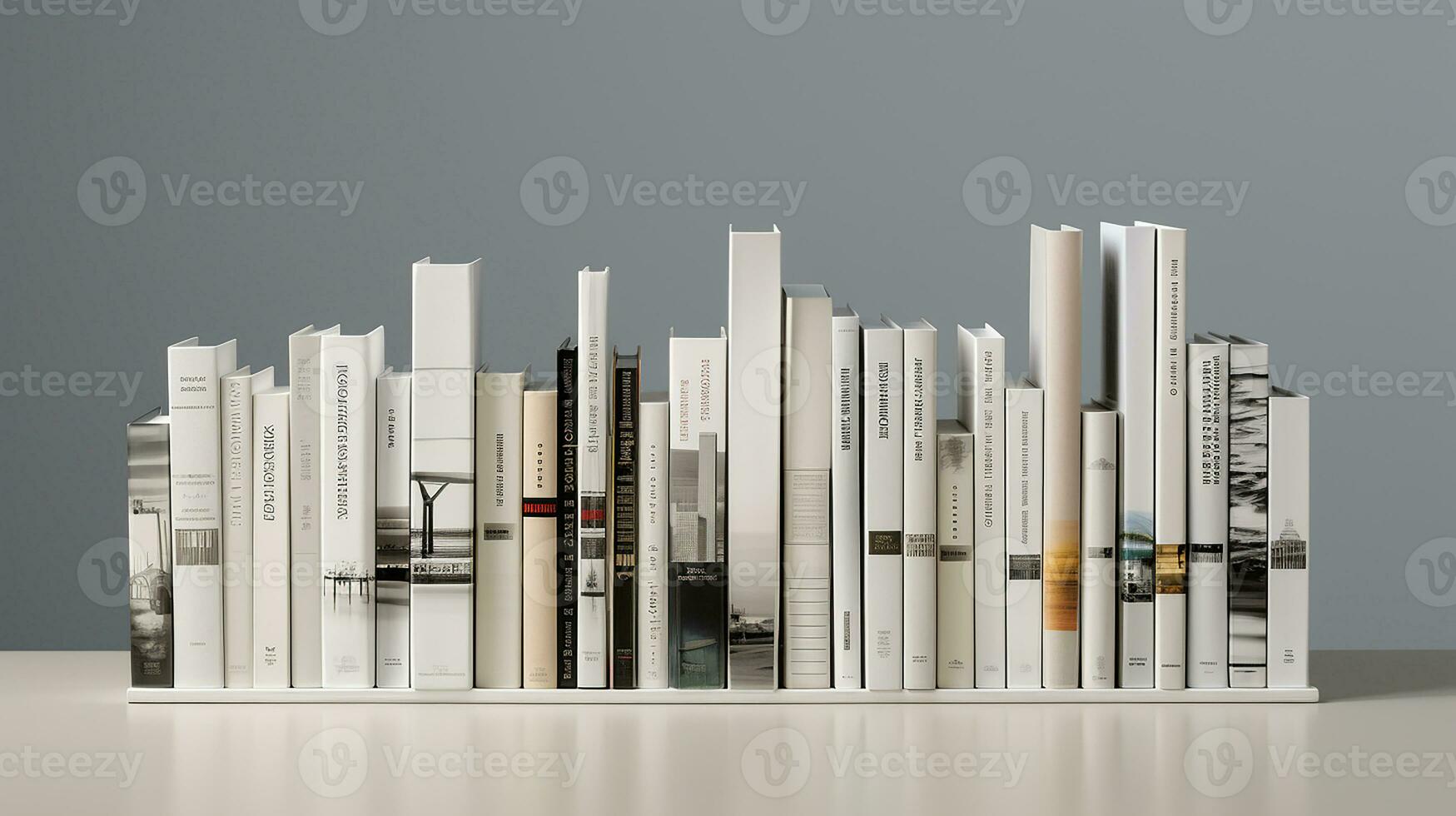 3d Renderização do uma livro estante com livros dentro frente do cinzento fundo. generativo ai foto