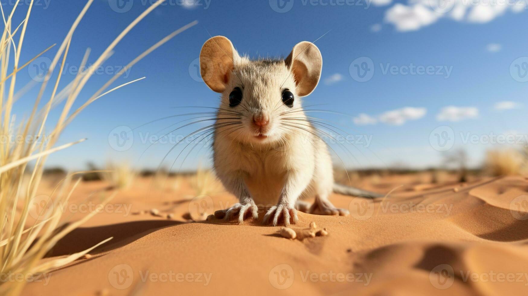 foto do uma deserto canguru rato dentro uma deserto com azul céu. generativo ai