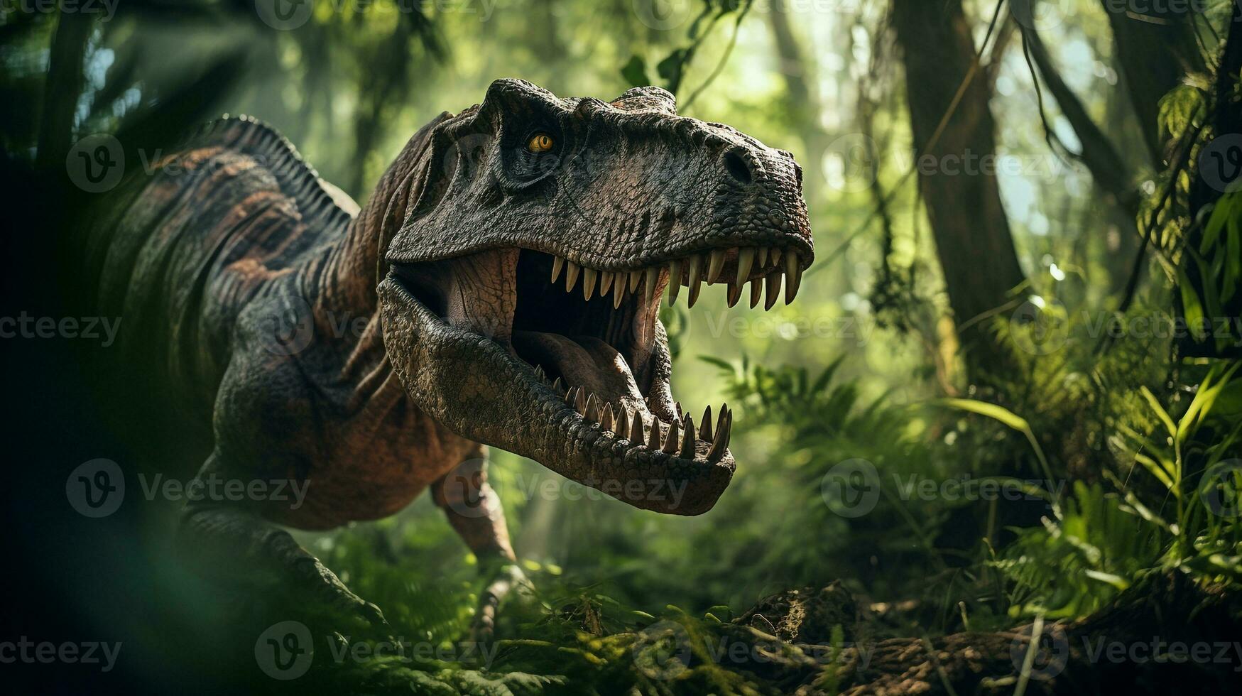 foto do tiranossauro rex rex dentro a selva. generativo ai