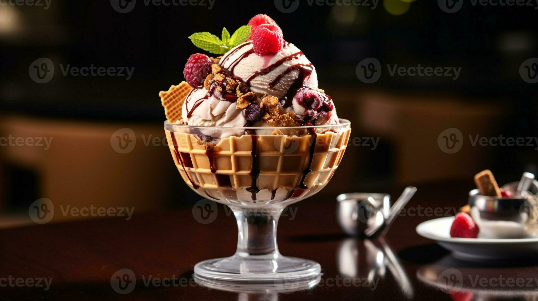 foto do gelo creme sundae Como uma prato dentro uma sofisticado restaurante. generativo ai