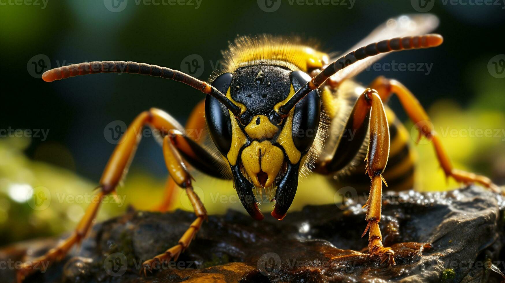 fechar-se foto do uma amarelo Jaqueta vespa olhando qualquer direção. generativo ai