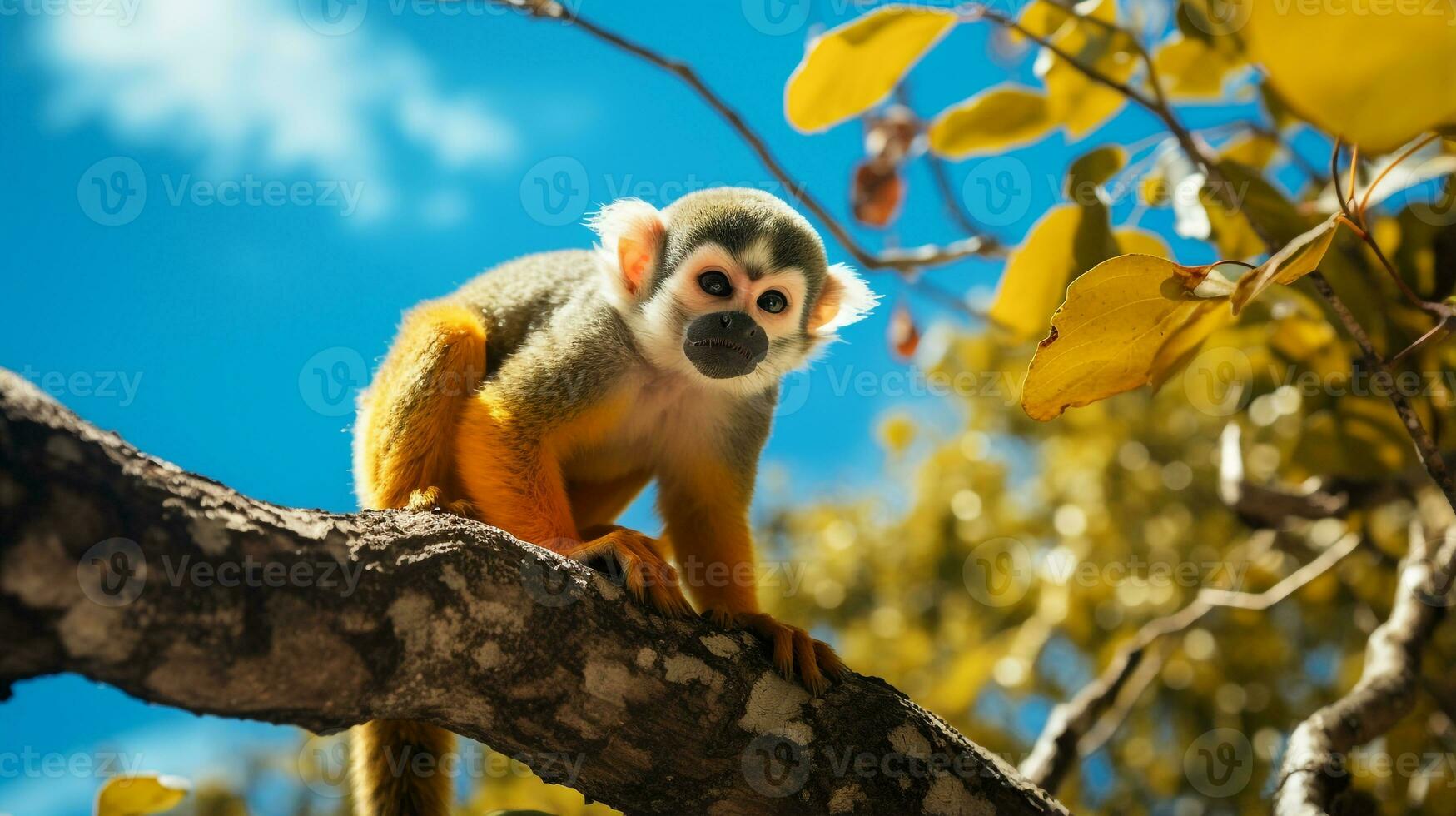 foto do esquilo macaco dentro ther floresta com azul céu. generativo ai