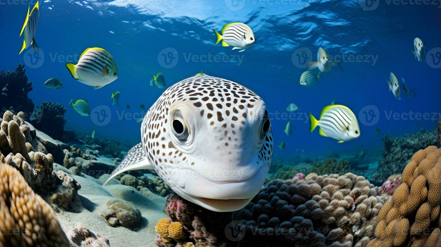 foto do baiacu com vários peixe entre saudável coral recifes dentro a azul oceano. generativo ai