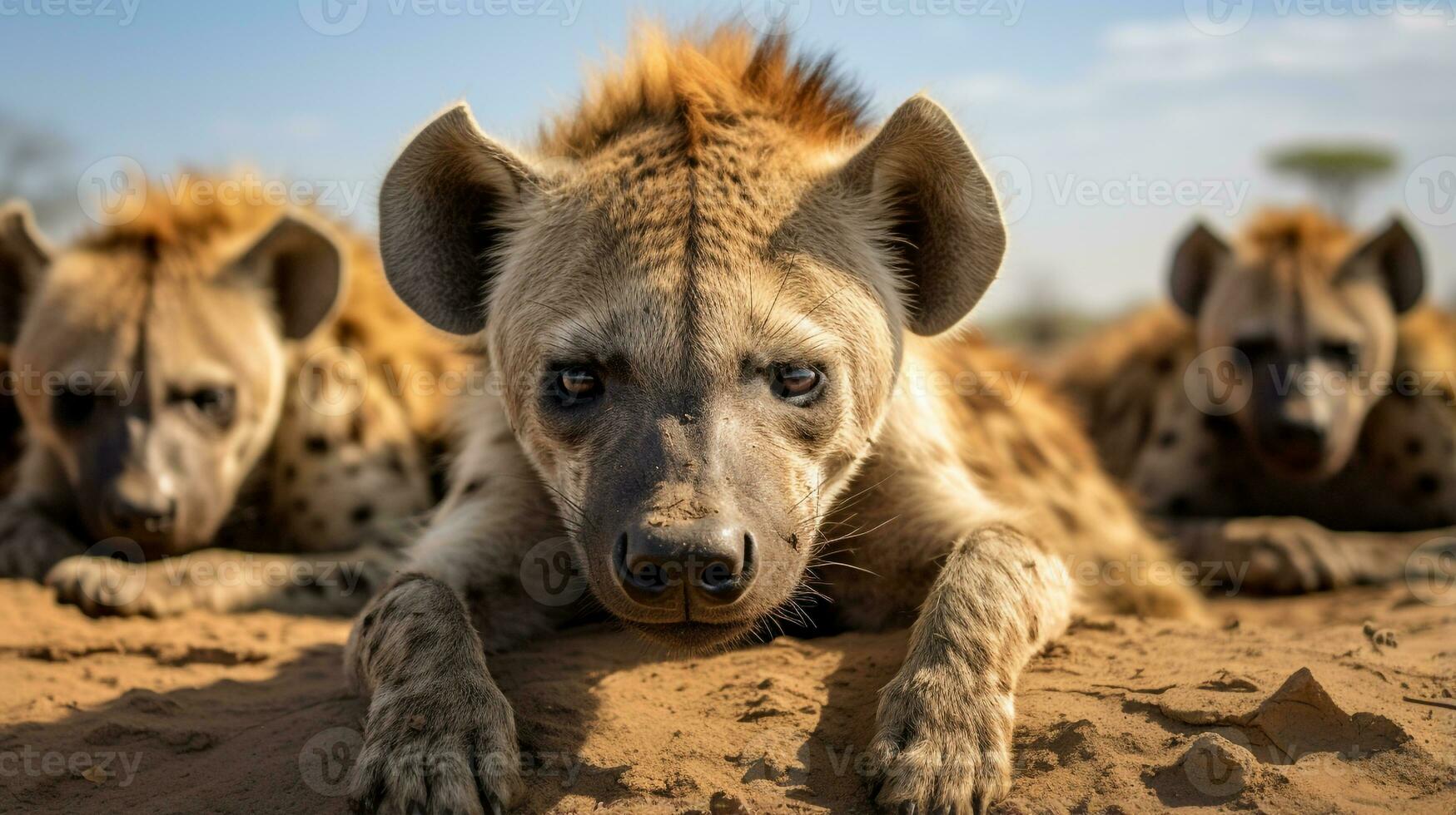 foto do uma rebanho do hiena em repouso dentro a aberto área em a savana. generativo ai